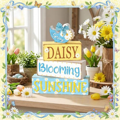 Britimes Tiered Tray Decor Set, 4 Pack, Wooden Table Sign, Daisy Spring - color: Spring Daisy