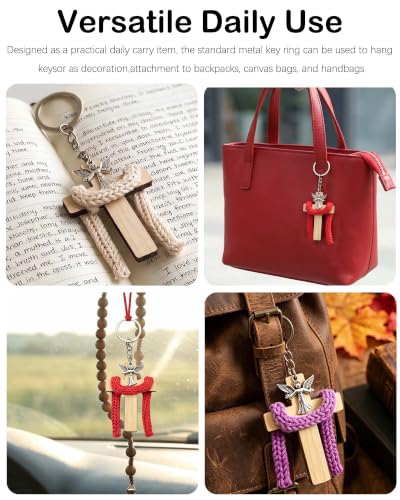 4 Pack Wooden Cross Keychain with Knitted Scarf and Metal Angel Charm