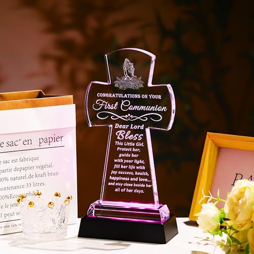 Qianwei First Communion Gifts for Girls Boys, Crystal Cross Gift 3D Engraving Crystal Praying Girl Figurine First 1st Communion Veil Decoration, Baptism Gifts for Girls Catholic - color: Communion-cross