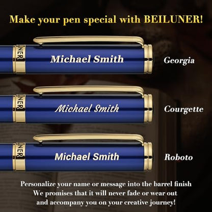 BEILUNER Blue Personalized Fountain Pen,Stunning Luxury Lacquer,24K Gilded Nib(Fine),Gorgeous 24K Gold Finish, Ink Converter,Fancy Gift for Men&Women-Elegant, Graduation,Nice Pens for Writing - color: ,Blue with Gold (Personalized), style: Fine Nib