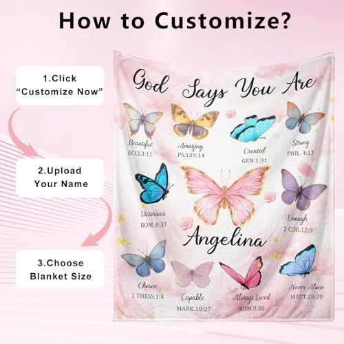 Baptism Blanket with Custom Name, Personalized Christian Religious Blanket for Men Women Faith, Spiritual Religious Blankets for First Communion Confirmation Affirmation for Him Her (Butterfly)