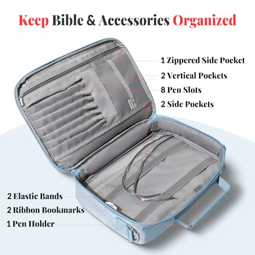SUNEE Bible Cover for Women, Large Bible Bag w/Shoulder Strap Carrying Book Case w/Pen Slots and Zippered Pocket, Gift for Women & Men, Blue