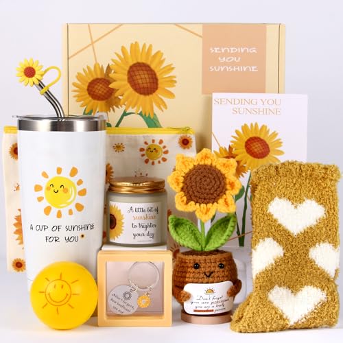 10Pcs Sunshine Gift for Women - Unique Care Package with Sunflower Gifts, Friendship Box of Sunshine for Mom Sister Wife, Get Well Soon & Birthday Present, Self Care Basket for Women Recovery - color: Yellow