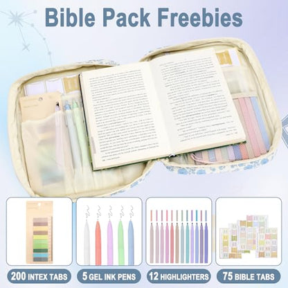 Zkptops Bible Cover Case for Women Girls Large Bible Bag Blue Cotton Quilted Floral Bible Carrying Case with Zipper Pocket and Handle Carrying Book Cover for Christian Study Supplies Christian Gift - color: Fj Blue