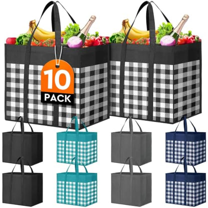 Reusable Grocery Shopping Bags 10 Pack Large Foldable Tote Bags Bulk - color: Plaid: Black,black,cyan,grey,blue