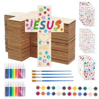 LECEHIVO 40 Pieces Wood Cross Crafts with Stickers Watercolor Pens Acrylic Paint and Paint Brushes DIY Wooden Cross for School Kids Christian Jesus Bible Sunday Vacation Crafts Supplies