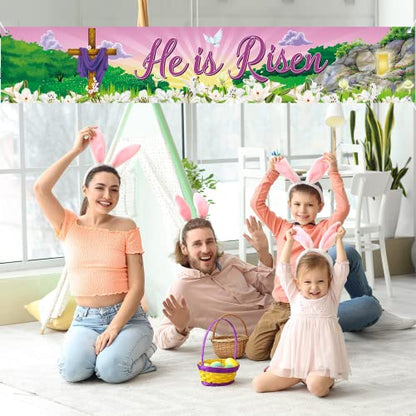 Tatuo He Is Risen Banner Easter Day Banner Decoration Easter Religious Yard Sign Large Fabric Christian Cross Fence Sign Spring Photo Backdrop for Garden Indoor Outdoor Decor, 98 x 18 Inch