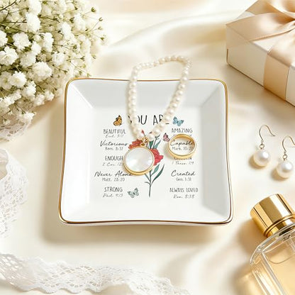 Birthday Gifts for Women, Carnation Scripture Jewelry Dish, Christian Gift - style: Carnation: Love, Fascination, Distinction(January Birth Flower)