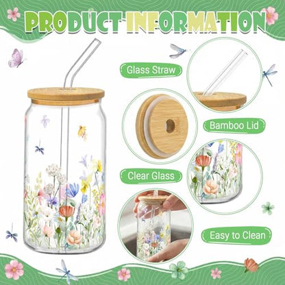 Glass Cups with Lids and Straws, 6Pack, 16oz, Wildflower - style: Wildflower