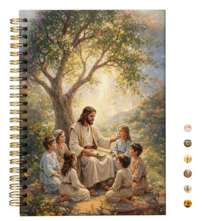 bitCNY Christian Notebook 5.5x8.3 Inches – Jesus with Children Illustrated Faith Journal, Religious Spiral Notebook for Bible Study or Gifts - color: white-Jesus with Children