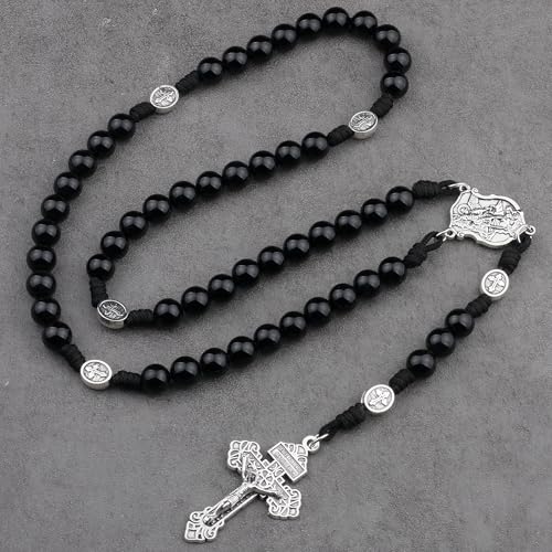 HanlinCC Stone Beads St.Michael Paracord Catholic Rosary with Bag for Men - style: Black Agate
