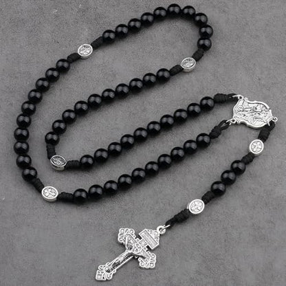 HanlinCC Stone Beads St.Michael Paracord Catholic Rosary with Bag for Men - style: Black Agate