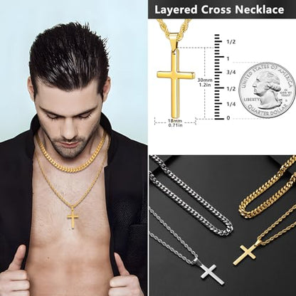 Romass 4Pcs Cross Necklace for Men Teen Boys,Stainless Steel Chains for Men Layered Necklaces Silver Gold Black Pendant Jewelry Box Gifts 18-24 Inches - size: Chain-22in/Necklace-24in, style: 4Pcs 1.2"* 0.7"pendant-Silver+Gold