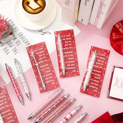 FYSUIMU 30 Sets Valentine's Day Ballpoint Pens Bulk Pink Red White Love Heart Plastic Ballpoint Pens with Bible Verse Thank You Cards for Christian Appreciation Gift Sunday School Church Party Favors