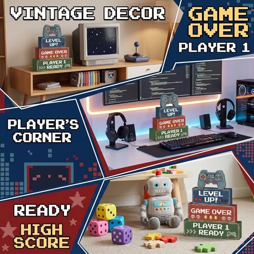 Britimes Tiered Tray Decor Set, 4 Pack, Wooden Table Sign, Video Game - style: Retro Gamer