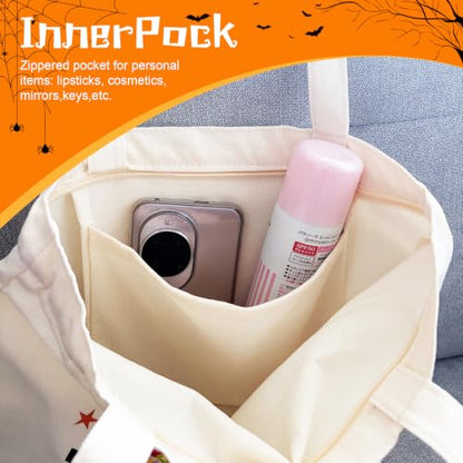 Canvas Tote Bag with Zipper, Halloween Trick or Treat Bags for Kids Bulk - color: [A0] Halloween - Beige