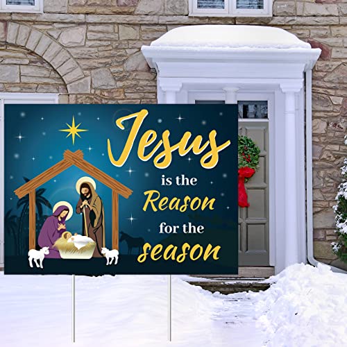 Jesus Is The Reason for The Season Yard Sign Christmas Outdoor Decorations Christmas Holiday Yard Lawn Sign with 2 Sticks Nativity Decoration for Church Home Businesses Stores Parties 19 x 14 Inch