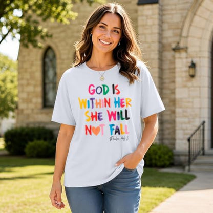 Sulayesh Christian Shirts for Women Jesus God is Within Her Tshirt Faith Inspirational Bible Verse Religious Graphic Tee Tops - color: White, size: X-Large