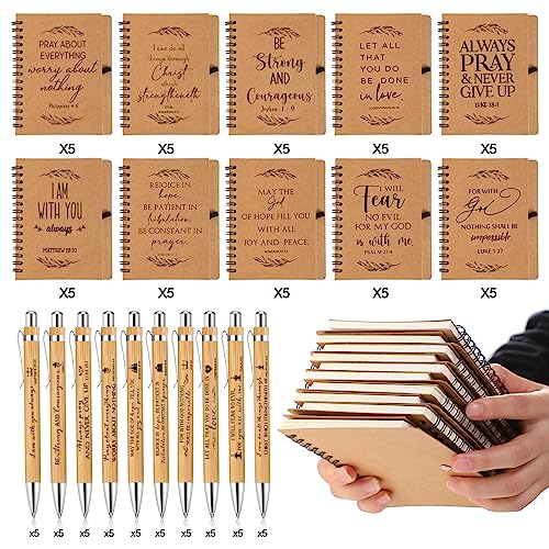 Kosiz 100 Pcs/ 50 Set Christian Gift Bulk Spiral Notebook and Pen, Brown - color: Brown