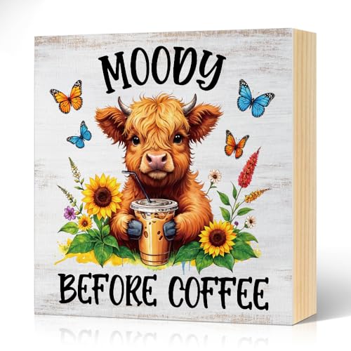 Moody Before Coffee Western Country Wood Block Plaque Box Sign - color: brown036