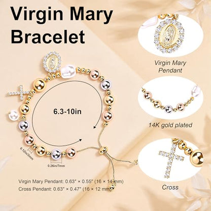 Rosary Cross Bracelet for Women, Gold Virgin Mary Rosary Beads Catholic Bracelet - style: big beads