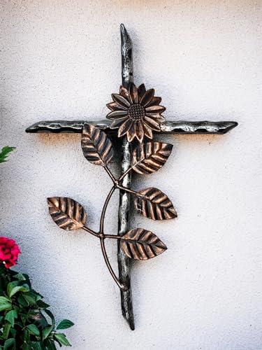 Top Brass 12” Metal Wall Mount Cross – Sunflower/Daisy Floral Garden Design – Holy Celtic Crucifix Silver & Copper Finish, Modern Rustic Jesus Art Sculpture