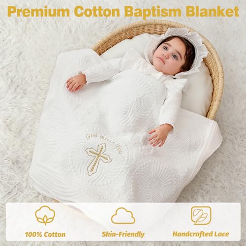 Cotton Quilted Baptism & Christening Baby Blanket Cross Gift 33"x45" - color: Golden Blessing Blanket