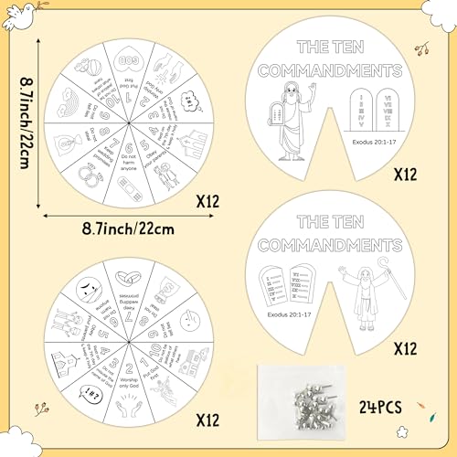 COcnny Ten Commandments Coloring Craft - 24 Sets Color Your Own Religious Art Wheel Kit for Kids, 10 Commandments DIY Craft Art Cards for Sunday School Christian Classroom Home Activities VBS Supplies - style: Ten Commandments