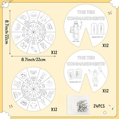 COcnny Ten Commandments Coloring Craft - 24 Sets Color Your Own Religious Art Wheel Kit for Kids, 10 Commandments DIY Craft Art Cards for Sunday School Christian Classroom Home Activities VBS Supplies - style: Ten Commandments