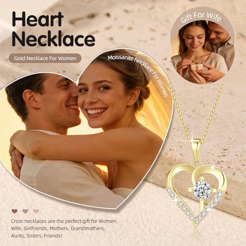 Moissanite Cross Necklace for Women in Light-Up Gift Box Heart Cross Jewelry 1CT Pendant for Women Gift Ideas for Wife Valentines Day Anniversary Birthday (S925 Sterling Silver/18K Real Gold Filled) - style: Gold with Card
