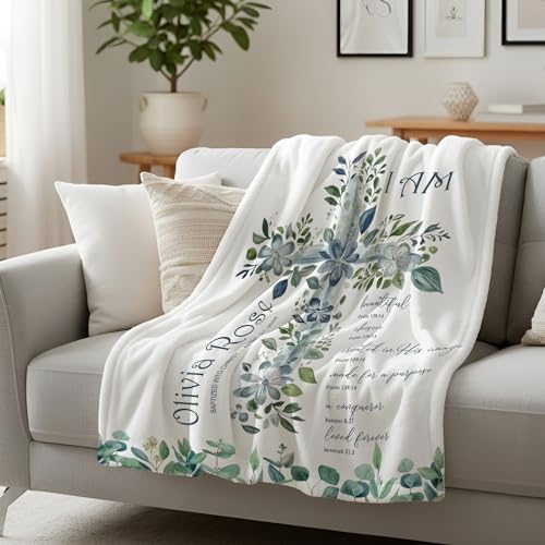 Personalized Baptism Blanket for Girl, Custom Blue Floral Cross Blanket, Christian Christening Gift, Catholic Scripture Baby Blankets, Baptized in Christ Throw, Goddaughter Keepsake - color: #Ver12