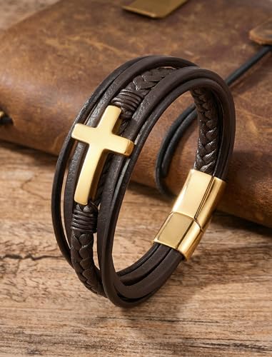 Mens Leather Cross Bracelet Braided Multi Layer Wristband with Stainless Steel Clasp - Christian Religious Gifts for Him(Brown/Black/Blue) - color: Brown Leather&Gold Plated, size: 8.3in(Fits most wrists)