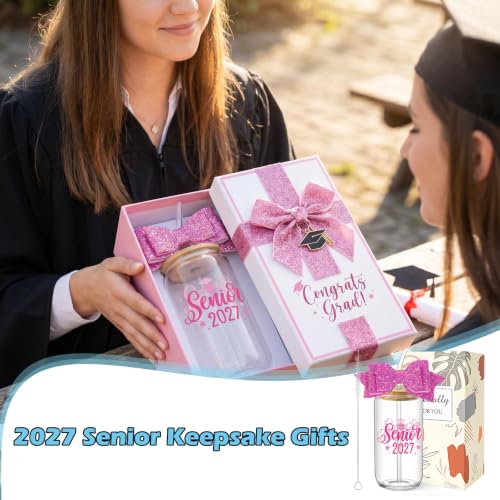 Class of 2027 Senior Gifts - Senior 2027 Pink Glass Tumbler with Glitter Bow, Graduation Gift for Girls Women Player College High School Daughter Friends Graduates - style: pink senior