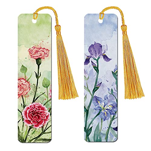 WIRESTER Set of 2 Metal Bookmarks with Light Gold Tassel for Students, Reader, Teachers, Book Lovers - Carnations Flowers, Irises Flowers - color: Carnations Flowers, Irises Flowers