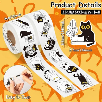 Cute Black Cat Sticker Rolls for Kids Teens - 1000Pcs in 2 Rolls - style: Black Cat