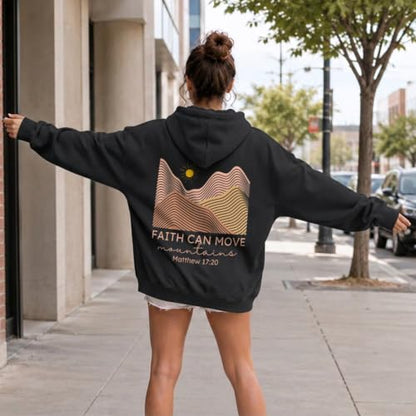 Christian Bible Verse Hoodie For Women Faith Can Move Mountains Sweatshirt Religious Sun And Mountain Graphic Hoodie - color: Black, size: Large