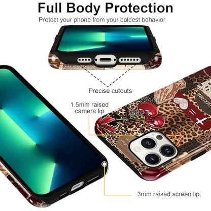 for iPhone 13 Pro 6.1'' Brown Cheetah Christian Phone Case - color: Red Cherry Leopard Collage, size: iPhone 13 Pro