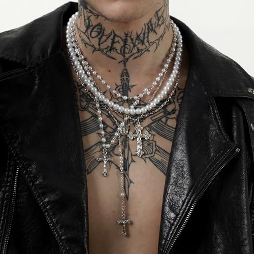 Layered Cross Necklace Silver Set for Women, 4-Piece Chunky Pearl Cross Stack Christian Necklaces, Adjustable Vintage Long Y Boho Gothic Statement Jewelry Gift - style: Silver 2-4Pcs