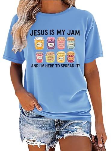 Jesus is My Jam and Im Here to Spread It Shirt Christian Faith T-Shirt Jam Graphic Tee - color: Carolina Blue, size: Small