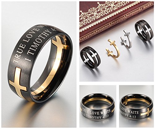 Men's Stainless Steel 8MM Bible Verse Christian Purity Cross Ring Band 1 Timothy 4:12 - color: Black Gold