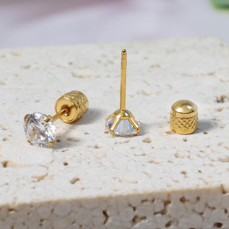 Titanium Earrings Push-in Threadless Flat Back Stud Earrings for Women Men, Cartilage Earring Hypoallergenic Cubic Zirconia Earrings Studs for Helix Tragus Piercing Jewelry - color: Gold-6mm