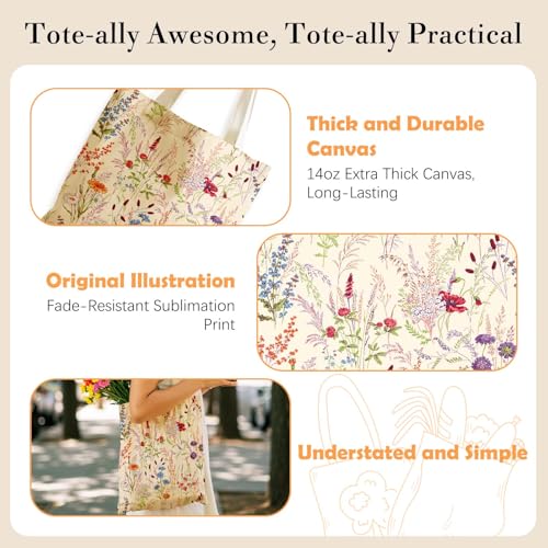 Aesthetics Canvas Tote Bag - Art Design Gift for Women, Reusable Purse Tote Bag with Inner Zip Pocket - style: Wildflower