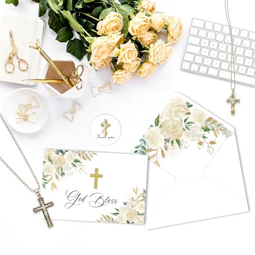 48 Pack Christian Thank You Cards Watercolor Floral Cross Baptism Thank You Cards with Envelopes & Stickers First Communion Religious Occasions VBS Thank You Cards for Church Vacation Bible School Supplies - style: 48 Pcs - Golden Christian