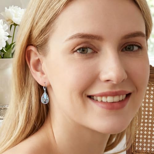 925 Sterling Silver Filigree Dangle Drop Leverback Teardrop Earrings - color: Black Cat Abalone Shell