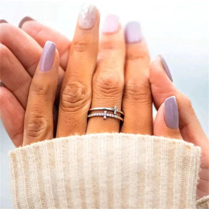 Double Cross Ring 18k Gold Plated 925 Sterling Silver Cubic Zirconia Simple Plain Stackable Statement Promise Rings Inspiration Christian Ring Faith Hope Love Cross Religious Ring Gift (Silver 7#) - color: silver, size: silver 7#