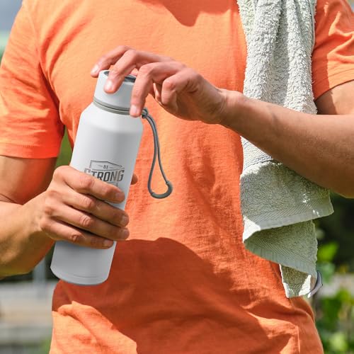 Christian Art Gifts Stainless Steel Double Wall Vacuum Sealed Insulated Water Bottle for Men & Women: Strong & Courageous Laser Engraved Inspirational Scripture, Leak-proof, Carry Loop, White, 24 oz. - color: White/Be Strong