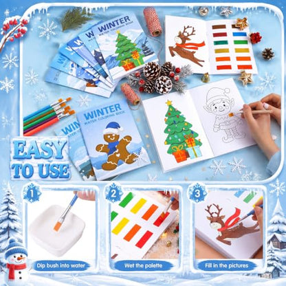 Kosiz 24 Pack Winter Coloring Paint with Water Books, Mini with Brushes - style: Winter Coloring