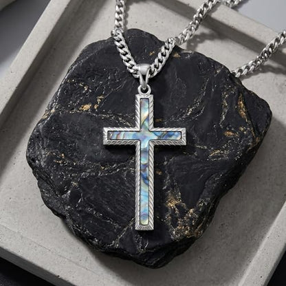 MRENITE Silver Natural Stone Cross Necklace, Classic Latin Cross Pendant Necklace for Unisex Women Man, Vintage Crystal Quartz Cross Necklace with 20+2 Inches Adjustable Cuban Chain - style: Abalone