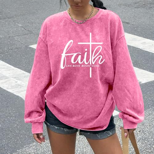 Christian Shirts for Women Faith Can Move Mountains Acid Wash Shirt Jesus Religious Bible Verse Long Sleeve Top - color: Pink, size: X-Large