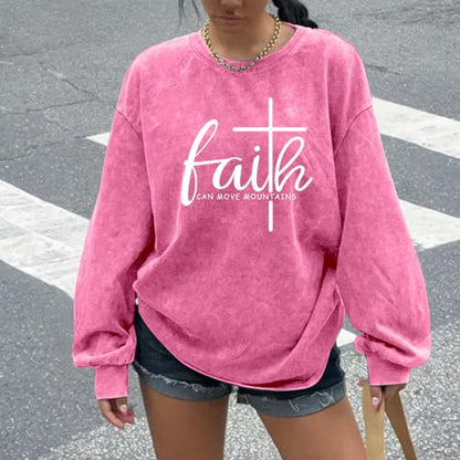 Christian Shirts for Women Faith Can Move Mountains Acid Wash Shirt Jesus Religious Bible Verse Long Sleeve Top - color: Pink, size: Small